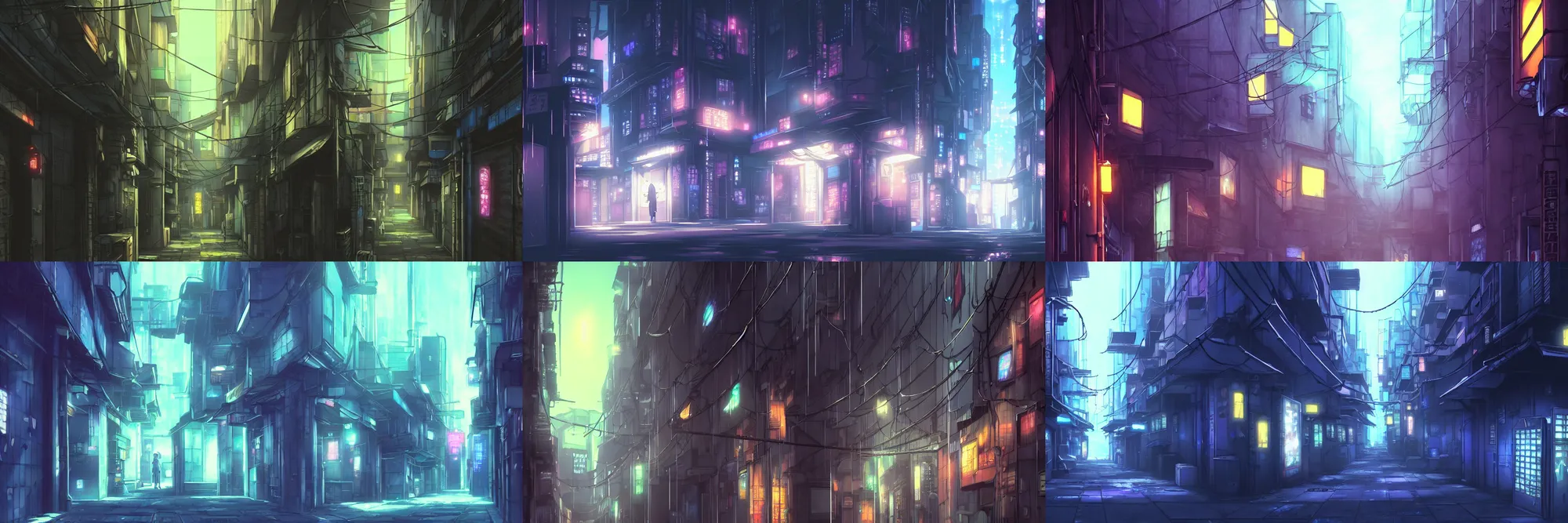 Prompt: anime background art matte painting close up of a city alleyway in the atmospheric cyberpunk anime film, at night with lights, by makoto shinkai, in the anime series ergo proxy, hazy and dreary