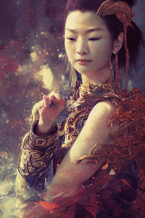 Image similar to Japanese god, portrait, powerfull, intricate, elegant, volumetric lighting, scenery, digital painting, highly detailed, artstation, sharp focus, illustration, concept art, ruan jia, steve mccurry