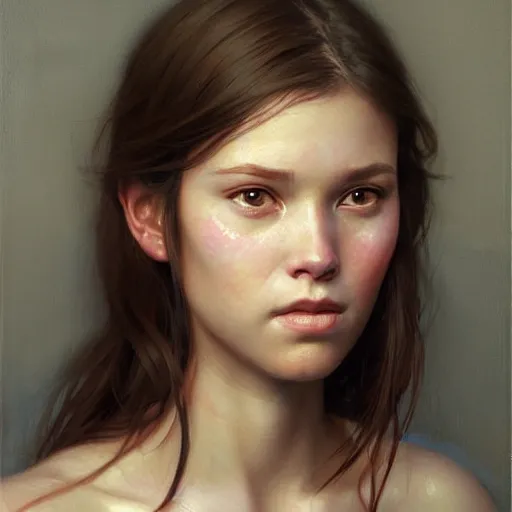 Image similar to Facial portrait of a cute shy girl, looking at the camera, slight awkward smile, lips slightly parted, no hands visible, blushing, intricate, extremely detailed painting by Greg Rutkowski and by Henry Justice Ford and by Steve Henderson and Moebius