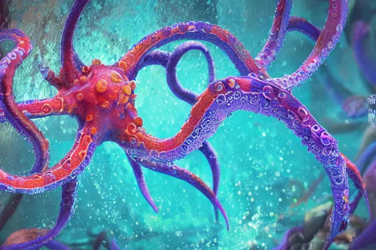 Image similar to rainbow octopus, stunning ultra realist waves underwater curiosities reflections and refractions corals and fishes carnival, symmetry accurate features, focus, very intricate ultrafine details, blue purple aqua colors, award winning masterpiece, octane render