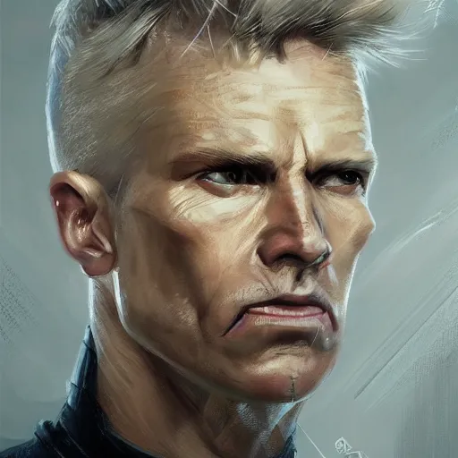 Image similar to Portrait of a man by Greg Rutkowski, he is about 50 years old, short blond hair, athletic and strong, straight jaw, wearing a futuristic tactical gear, expression of determination with weariness and resignation, older brother vibes, highly detailed portrait, digital painting, artstation, concept art, smooth, sharp foccus ilustration, Artstation HQ.