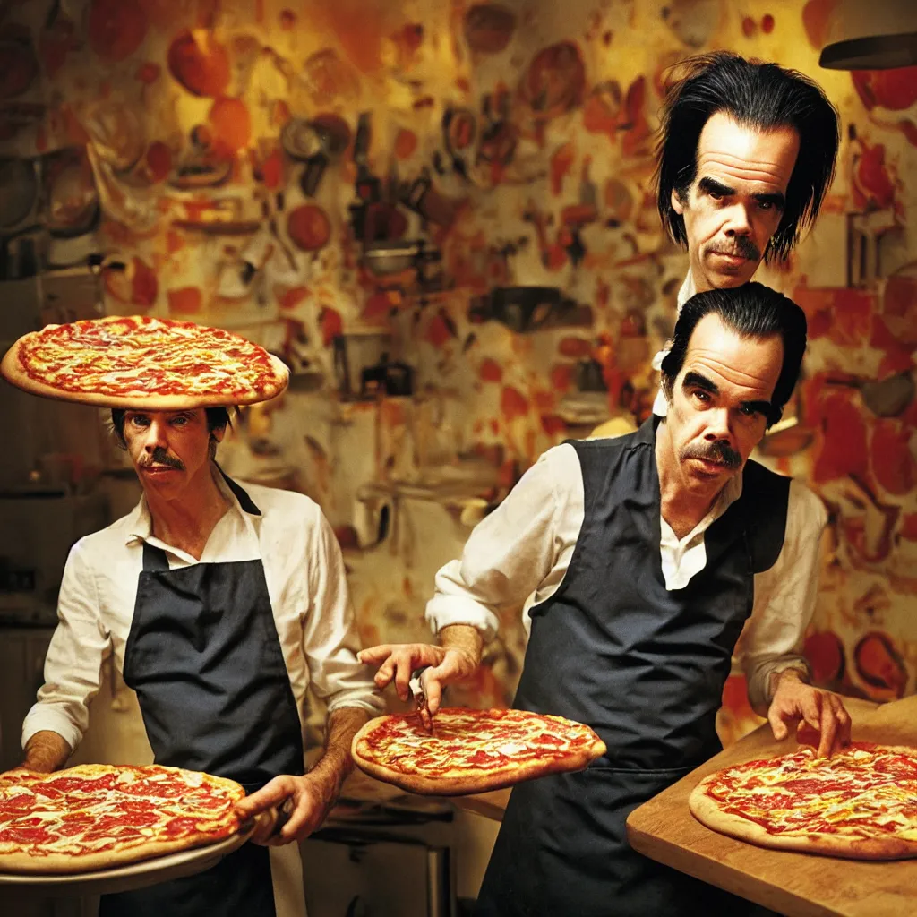 Prompt: award winning photo of nick cave baking pizza, vivid colors, happy, symmetrical face, beautiful eyes, studio lighting, wide shot art by Sally Mann & Arnold Newman
