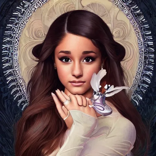 Prompt: Ariana Grande with a mustache, intricate, elegant, highly detailed, centered, digital painting, artstation, concept art, smooth, sharp focus, illustration, art by artgerm and H R Giger and alphonse mucha