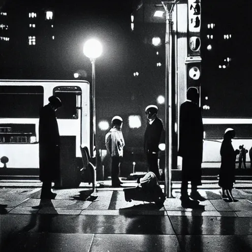 Image similar to some people waiting at bus stop in dark city night, detailed, high quality photography,a scene by Stanley kubrick, sci-fi, reimagined by industrial light and magic