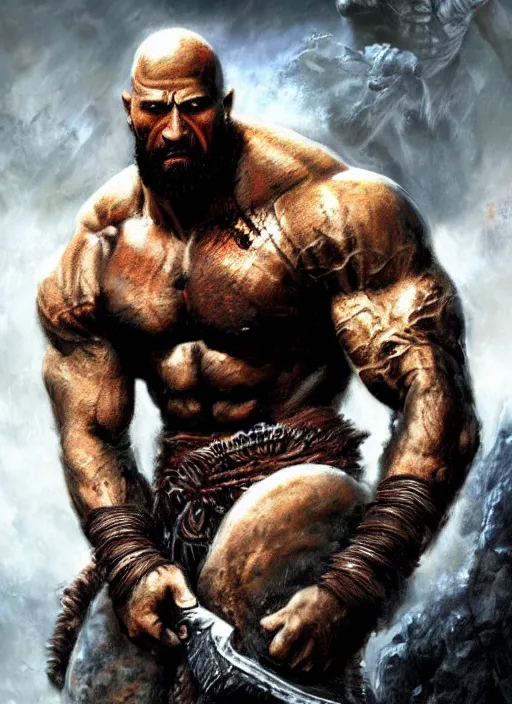 Image similar to a highly detailed beautiful portrait of dwayne johnson kratos hybrid god of war fighting zombies on a pile of human skulls, spartan warrior, olympian god, muscular!, frank frazetta, boris vallejo, octane, fantasy