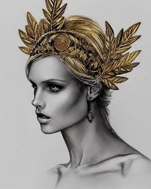 Image similar to tattoo design sketch of hot blonde super model as aphrodite greek goddess wearing a gold laurel wreath and triangle earrings, beautiful piercing gaze with sharp pupils, in the style of greg rutkowski, fantasy, amazing detail, epic, elegant, smooth, sharp focus, front view