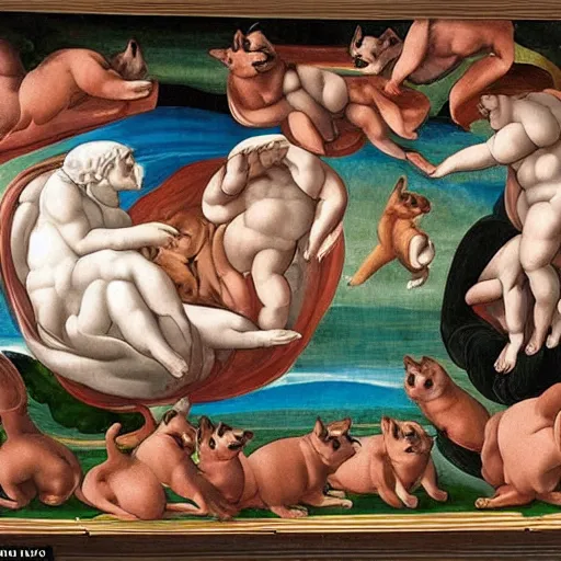 Image similar to the creation of adam by michelangelo but the people are replaced with shiba - inu dogs