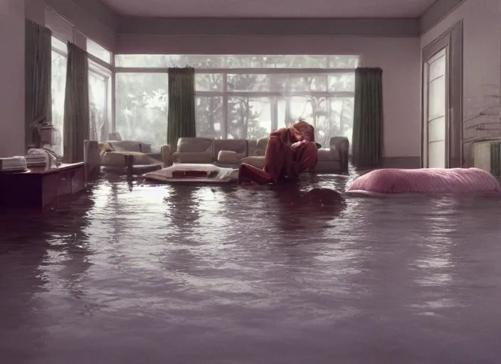 Image similar to kodak portra 4 0 0 photographic and realistic, 8 0 s living room, detailed, octane render, 4 k, hyper realistic, floor flooded, how river, wide angle, 2 8 mm, sharp focus, soft light, volumetric light fog, in the style of gregory crewdson