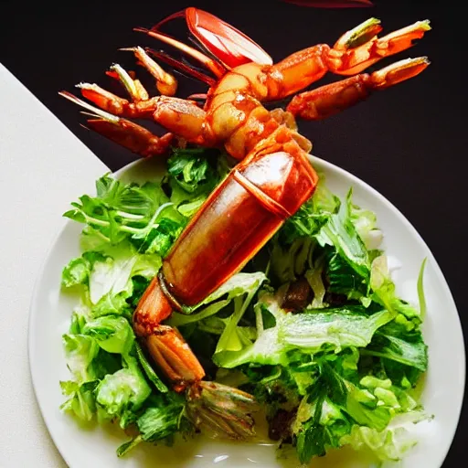 Prompt: a plate of food made of salad and huge alien shrimp xenomorph, award winning photographer, food photography