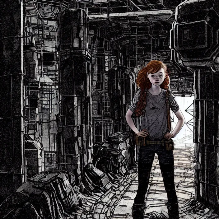 Image similar to tired sadie sink as a miner waits in a queue to a scifi cube room. set outside a coal mine. storyboard, scifi cyberpunk. by gabriel hardman, joe alves, chris bonura. cinematic atmosphere, detailed and intricate, perfect anatomy