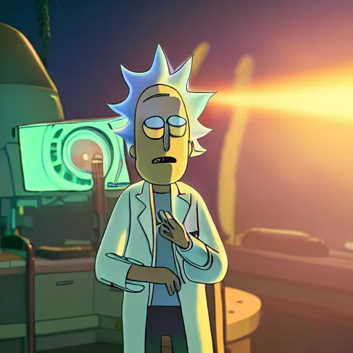 Prompt: portrait of rick sanchez, lab coat and tee shirt, lens flare, atmosphere, glow, detailed, intricate, full of colour, cinematic lighting, 4 k, hyperrealistic, focused, extreme details, cinematic, masterpiece, rick and morty