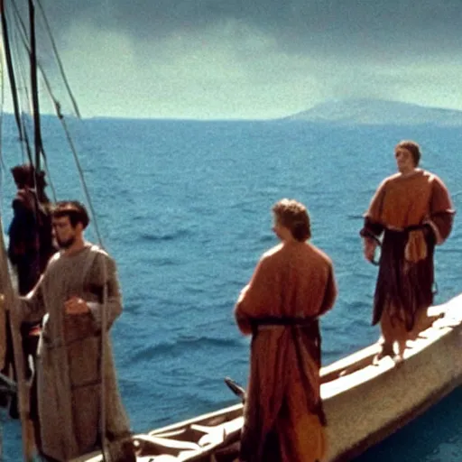 Prompt: Cinematic still of Stunned Men in 1st century clothing standing on a boat, looking in shock at the calm water, peaceful, epic directed by Ridley Scott