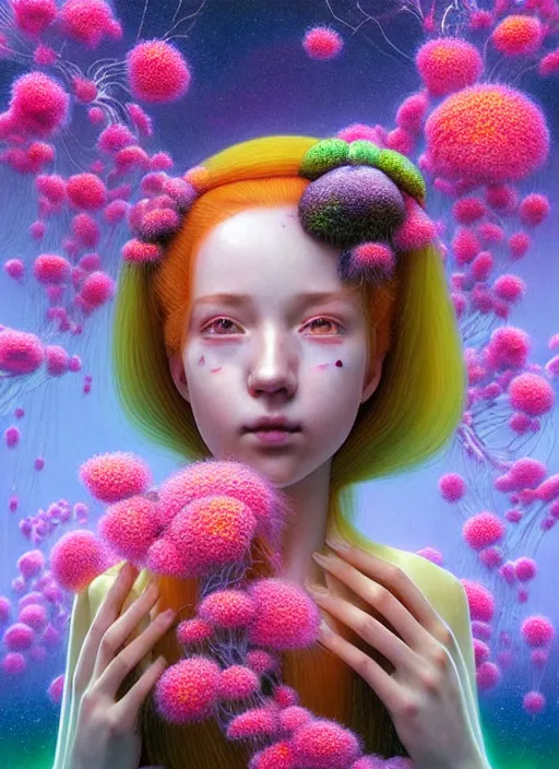 Prompt: hyper detailed 3d render like a Oil painting - kawaii portrait Aurora (serious honey haired hacker girl Singer) seen Eating of the Strangling network of yellowcake aerochrome and milky Fruit and Her delicate Hands hold of gossamer polyp blossoms bring iridescent fungal flowers whose spores black the foolish stars by Jacek Yerka, Mariusz Lewandowski, Houdini algorithmic generative render, Abstract brush strokes, Masterpiece, Edward Hopper and James Gilleard, Zdzislaw Beksinski, Mark Ryden, Wolfgang Lettl, hints of Yayoi Kasuma, octane render, 8k