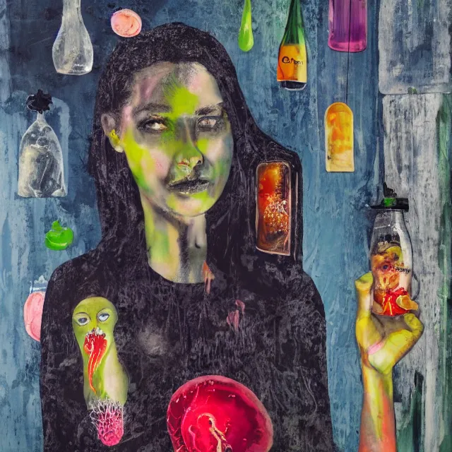 Image similar to a portrait in a dark apartment, moonlight from a window, a female art student holding a jellyfish, milk puddles, berries, broken bottles, metaphysical, neo - expressionism, surrealism, acrylic and spray paint and oilstick on canvas