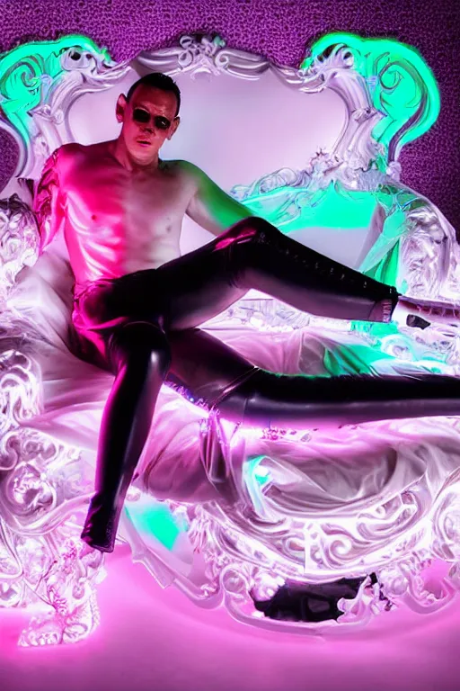 Image similar to full-body rococo and cyberpunk style neon statue of a young attractive Alex Rodriguez macho dotado e rico android sim roupa reclining con las piernas abertas e la piroca dura, glowing white lasers, glowing eyes, silver prince crown, black gears, pink diamonds, swirling mint-colored silk fabric. futuristic elements. ethereal white dripping tar. full-length view. human skulls. large pink balloon animals. intricate artwork by caravaggio. Trending on artstation, octane render, cinematic lighting from the right, hyper realism, octane render, 8k, depth of field, 3D