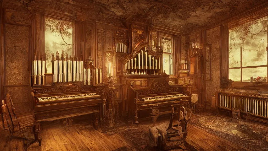 Image similar to richly decorated Victorian house with a tracker pipe organ, modern, beautiful, detailed wood, photorealistic, photorealism, lightning, clouds, smoke, the autumn light comes in through a window, diffuse light, vivid cybernetics