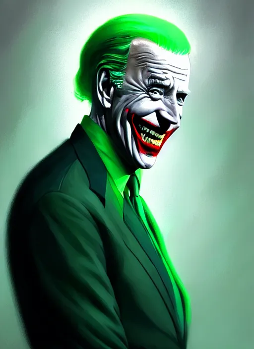 Image similar to portrait of joe biden as the joker, green hair, intricate, elegant, glowing lights, highly detailed, digital painting, artstation, concept art, sharp focus, illustration, art by wlop, mars ravelo and greg rutkowski