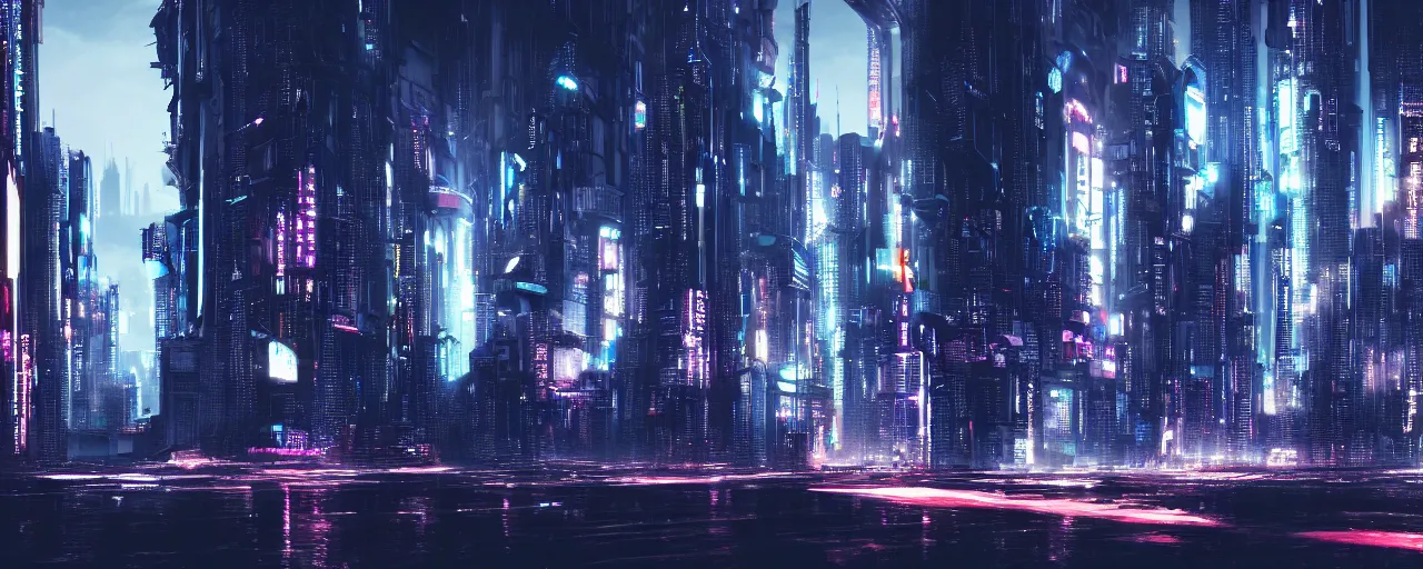 Image similar to A cyberpunk cityscape, by Tokujin Yoshioka, landscape, dramatic lighting, high contrast colors, panoramic view, as trending on Artstation, highly detailed,