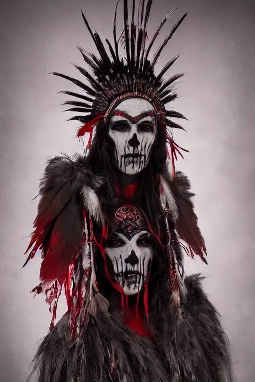 Image similar to the ghost - spirit of the grim - warpaint wears the scarlet skull armor and native blood headdress feathers, midnight fog - mist!, dark oil painting colors, realism, cinematic lighting, various refining methods, micro macro autofocus, ultra definition, award winning photo