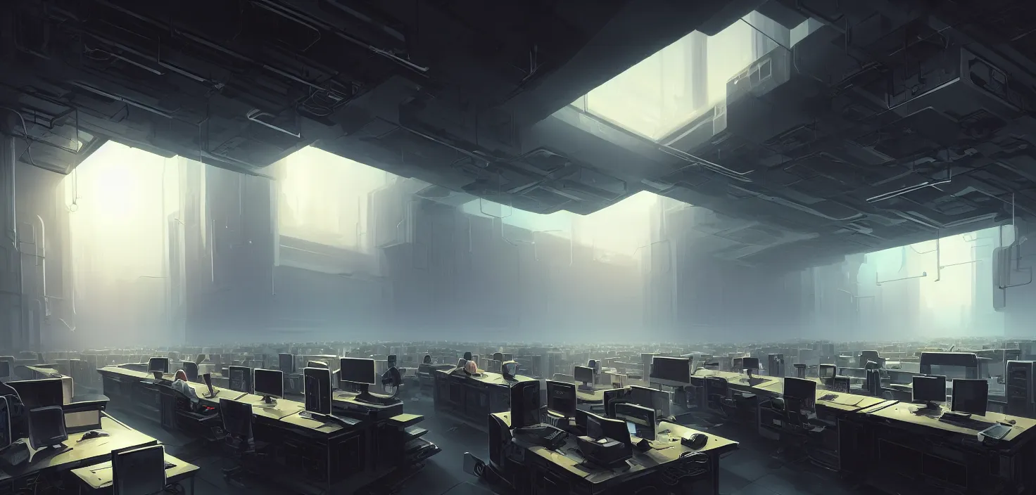 Image similar to computers, wired in, in a highly detailed server room with computers everywhere, cinematic view, epic sky, detailed, concept art, low angle, high detail, warm lighting, volumetric, godrays, vivid, beautiful, trending on artstation, by jordan grimmer, huge scene, art greg rutkowski