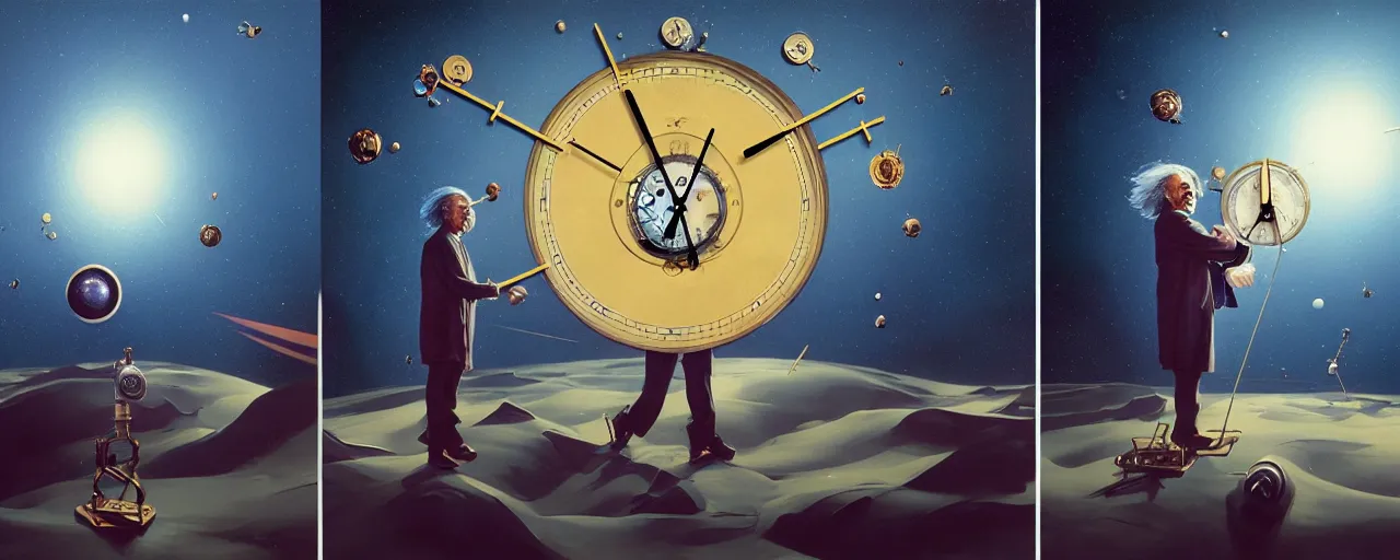 Image similar to duotone surreal illustration 3 / 4 portrait of albert einstein measuring time on salvadore dali clock in outer space. golden ratio accidental renaissance. by sachin teng and sergey kolesov and ruan jia and heng z. graffiti art, scifi, fantasy, hyper detailed. octane render. concept art. trending on artstation