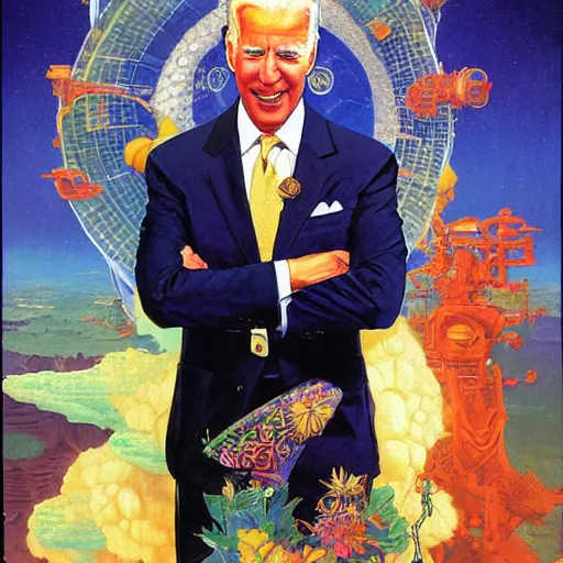 Prompt: ! dream solarpunk joe biden by j. c. leyendecker, bosch, lisa frank, jon mcnaughton, and beksinski