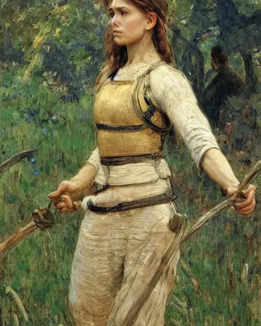 Prompt: a beautiful and strong female warrior by Jules Bastien-Lepage and Laura Sava