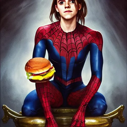 Prompt: emma watson in a spiderman suit sitting on the iron throne, eating a hamburger, photorealistic, highly detailed, artstation, smooth, anatomically correct, art by michael whelan, artgerm, greg rutkowski and alphonse mucha