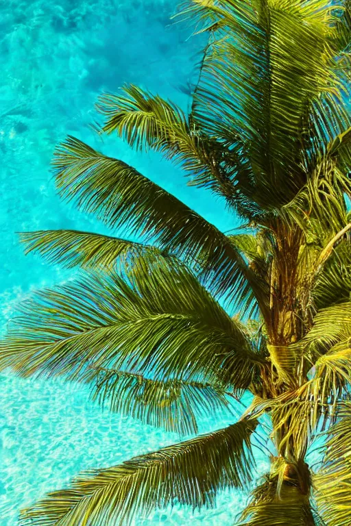 Prompt: photograph of palm leaning over crystal clear water