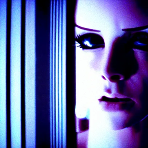 Image similar to beautiful android peeking at you though the curtains, short spiky blonde hair, cyberpunk outfit, still from closed circuit tv footage