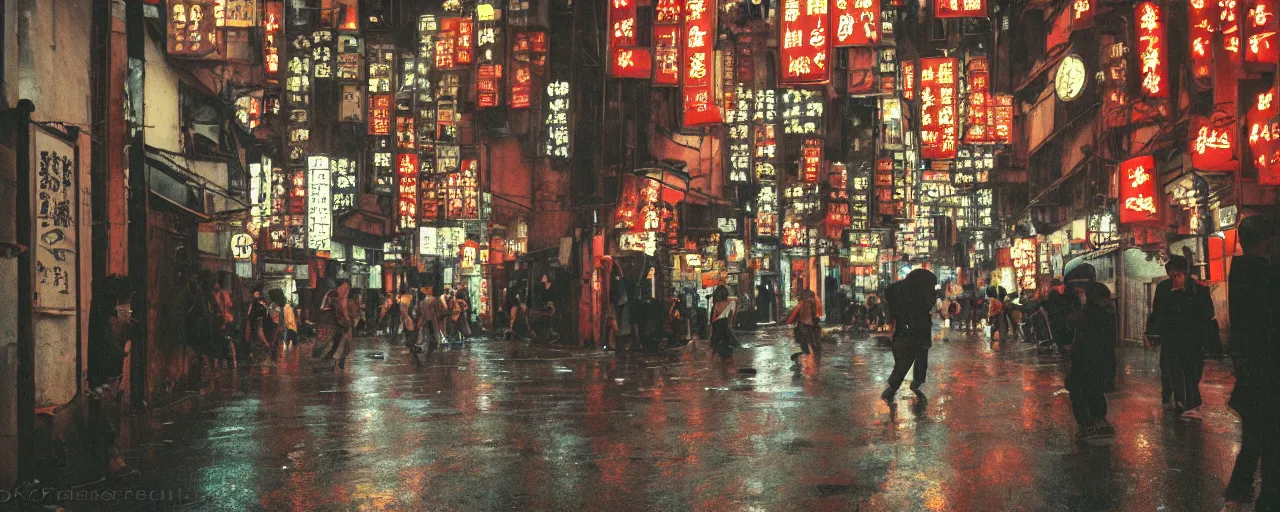 Image similar to dynamic pov 28mm lens view, following a black clad man running through a crowded narrow alley in kowloon walled city, , fluorescent lights, night, rain,, tungstem color balance, cinestill, street photography