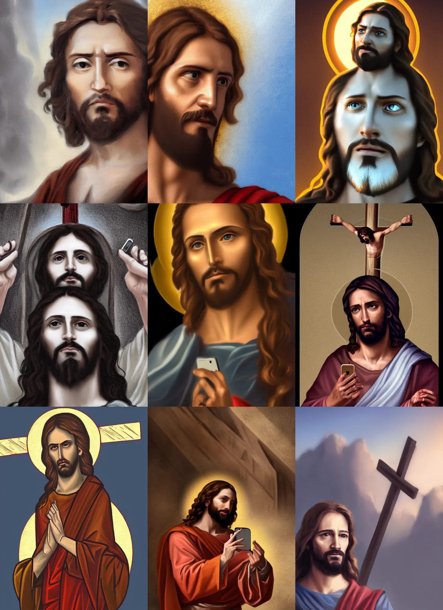 Prompt: character portrait of Jesus Christ on the cross taking a selfie, digital art, trending on artstation, 4k