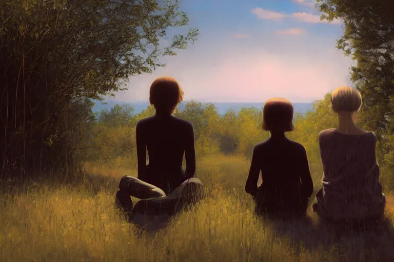 Image similar to beautiful painting, back view of friends sitting on the edge, cute, soft light, digital painting by diane arbus and ralph mcquarrie and harry bertoia octane render