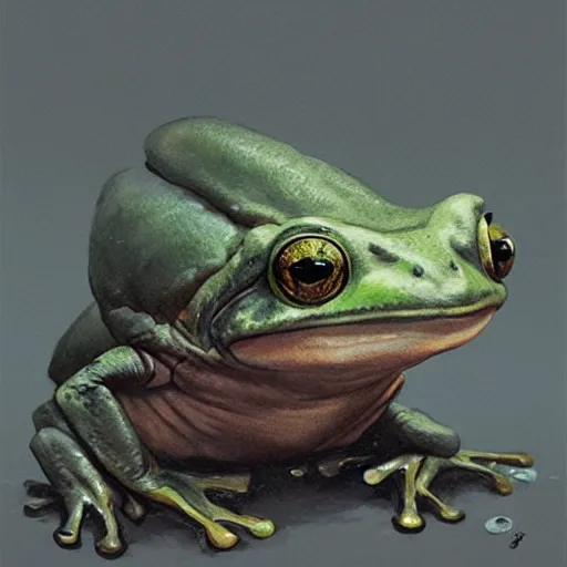 Image similar to hyper realistic caricature of a derpy frog person by greg rutkowski