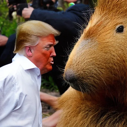 Image similar to a giant capybara kissing donald trump, photograph
