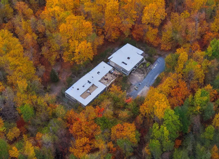 Image similar to low drone shot of a ranch style Juvenile Detention Center middle of the Woods during autumn