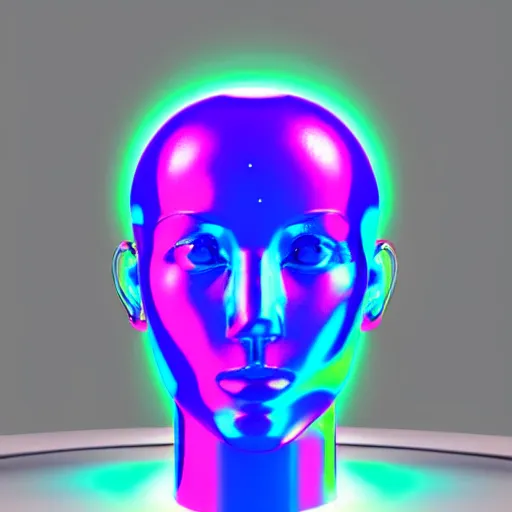 Image similar to 3d render of holographic human robotic head made of glossy iridescent, surrealistic 3d illustration of a human face non-binary, non binary model, 3d model human, cryengine, made of holographic texture, holographic material, holographic rainbow, concept of cyborg and artificial intelligence