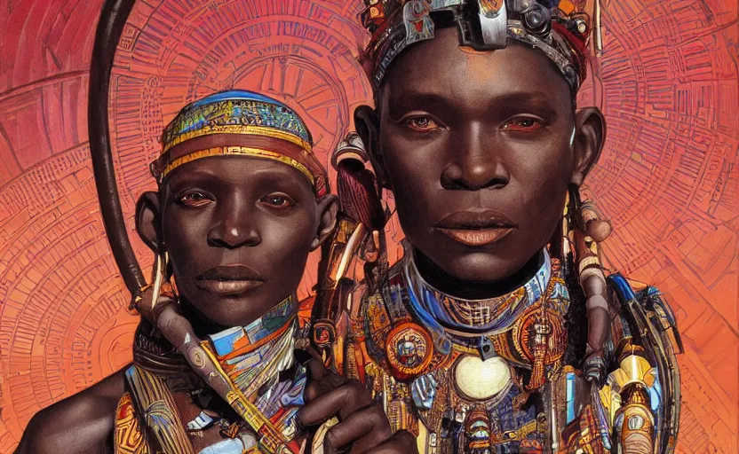 Image similar to a retro futuristic african tribal chief, art by joseph christian leyendecker, design blocking by drew struzan and alphonso mucha, highly detailed, digital painting, concept art, smooth sharp focus, intricate, symmetry,