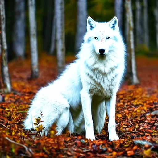 Image similar to white wolf with blue eyes stands in a dormant autumn forest, no yellow color in eyes, no yellow color, realistic