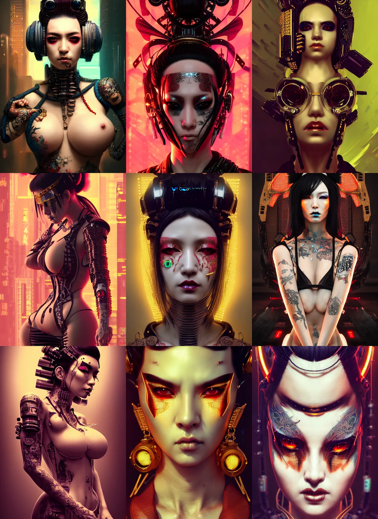 Image similar to portrait of a seductive cyberpunk geisha yakuza raver gutter punk cyborg bioweapon, golden ratio, details, sci - fi, dark fantasy, cyberpunk, intricate, decadent, ornate, highly detailed, digital painting, octane render, 8 k, artstation, concept art, smooth, sharp focus, illustration, art by artgerm, loish, wlop