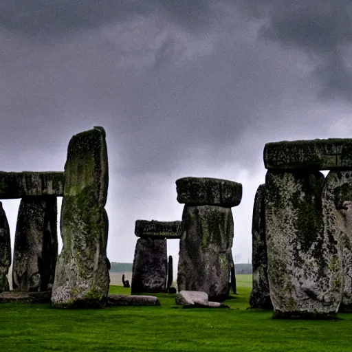 Prompt: stonehenge under heavy rain, professional photo