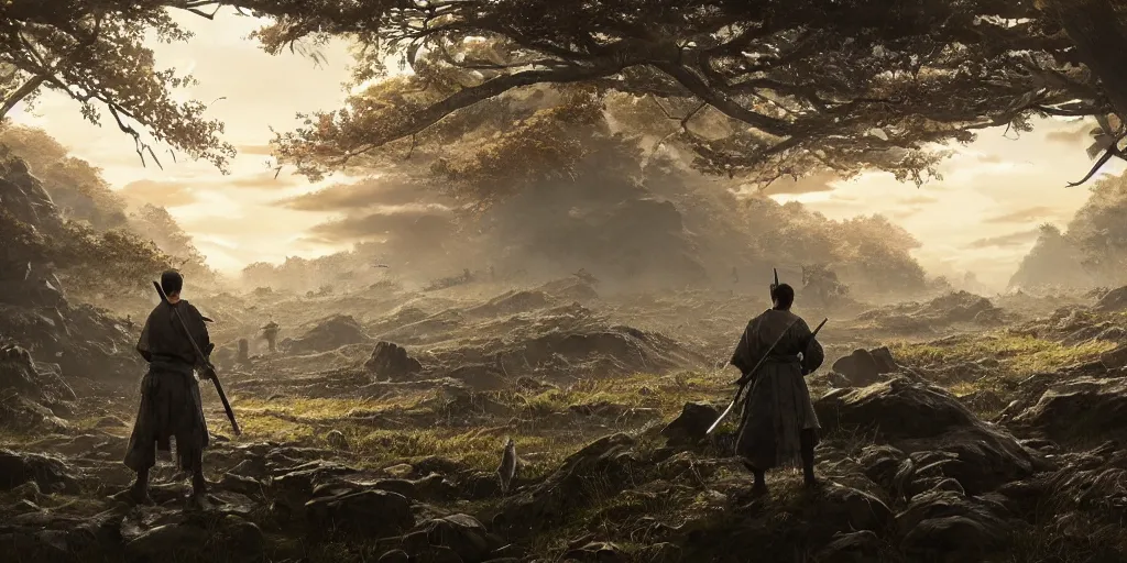 Image similar to an environmental concept art of ghost of tsushima, highly detailed, environmental light, cinematic by francis tneh