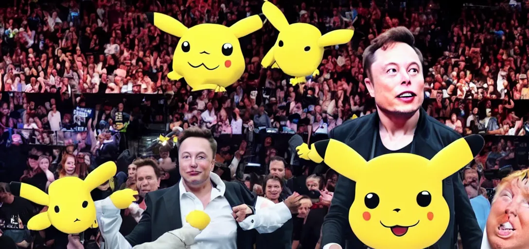 Image similar to elon musk in a boxing arena against donald trump with a crowd of pikachus