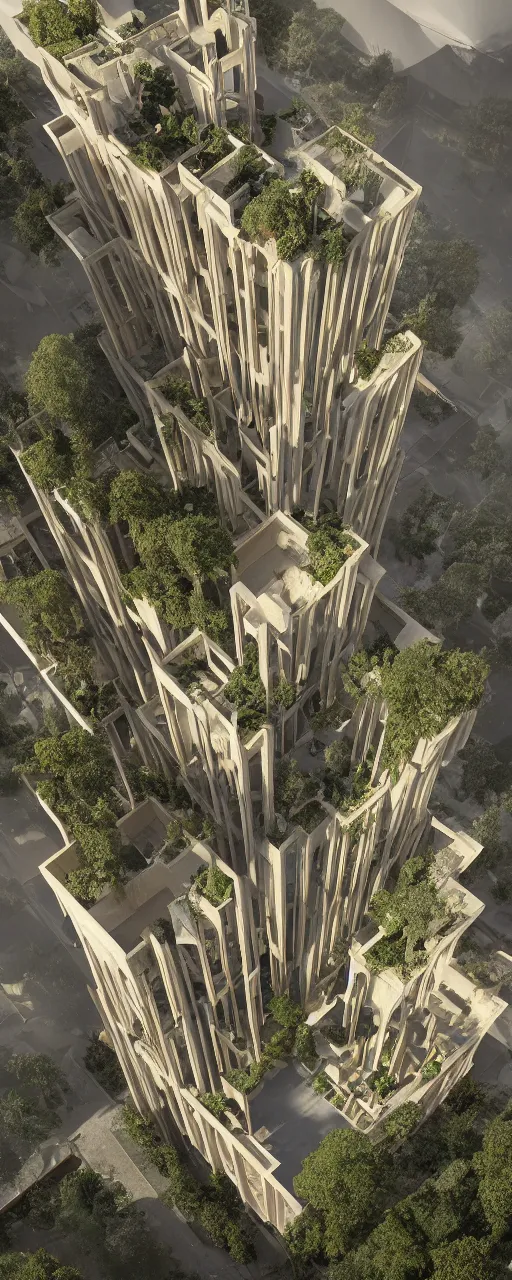 Image similar to single tower, golden gardens of babylon tower, beige stone color palette, sacred ancient architecture, hanging gardens on the balconies, modular cascading highrise, next to mountains and river with lush palm forest, zaha hadid, sunlight, eye - level view, post - production, octane, cgi, sfx