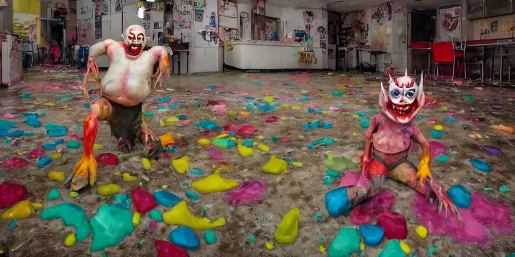 Image similar to a huge messy colorful puddle of runny melted ice cream on the floor of a abandoned ice cream parlor comes to life, raises to stand in the shape of a evil clown with sharp scary fangs attacking. a legion of evil gummy bares are behind.