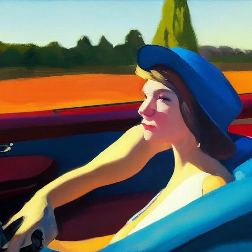 Prompt: Close-up portrait in car, dated a woman that lived on Cooterneck Road, She had a Catfish Camero and was cooler than me, by Edward Hopper, Bo Bartlett, and Cynthia Sheppard, Artstation