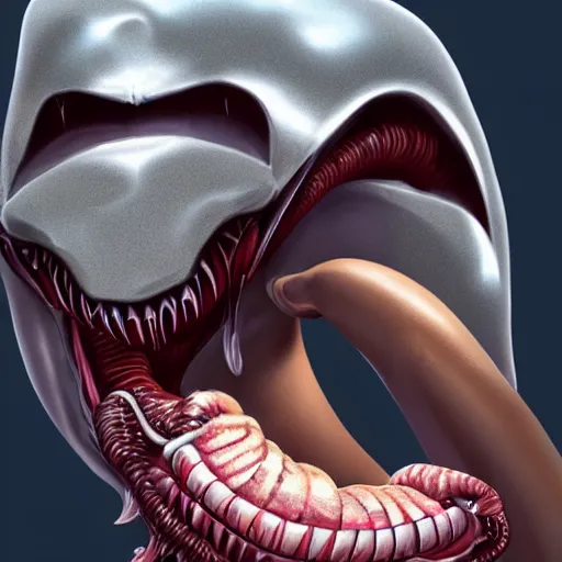 Image similar to kim kardashian being licked menacingly by an xenomorph, highly detailed, photorealistic, artstation, smooth