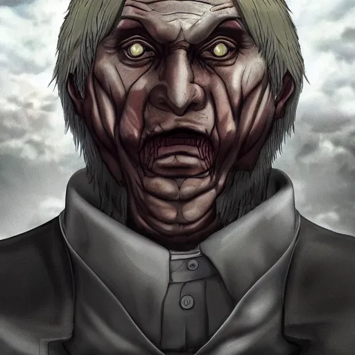 Prompt: Vladimir Putin as a creepy titan from the anime 'Attack on Titan', 4K digital artwork trending on artstation