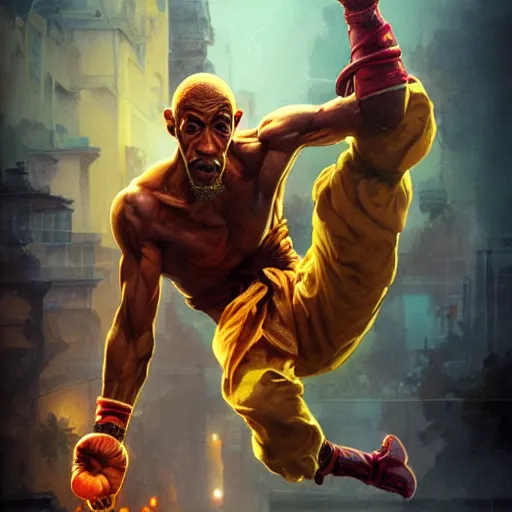 Image similar to giancarlo esposito as dhalsim street fighter, jump kick, 4 k, ultra realistic, detailed focused art by artgerm and greg rutkowski and alphonse mucha