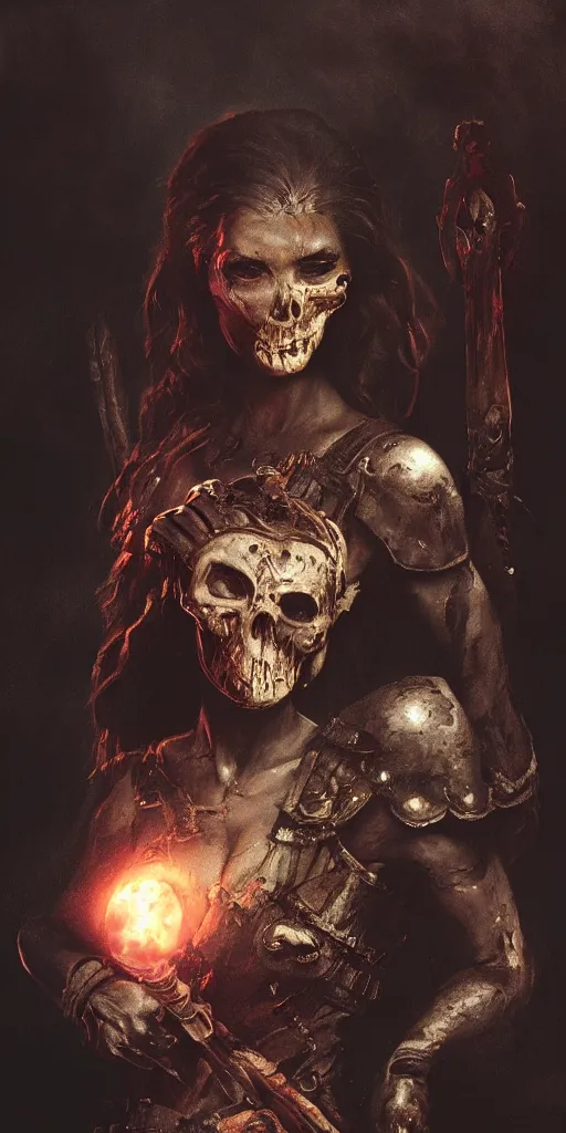 Image similar to a beautiful gorgeous female warrior lady holding a skull shrouded in body horror, in a dark setting by Frank Frazetta, atmospheric, trending on artstation, 4K, subsurface scattering, global illumination, cinematic lighting, UHD, HDR